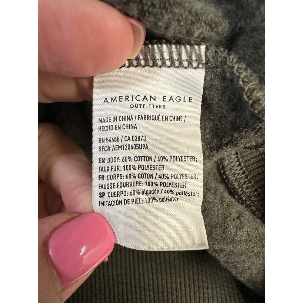 American Eagle Sherpa Collar Pullover Sweatshirt M Olive Green Cozy Button Neck - Picture 9 of 10